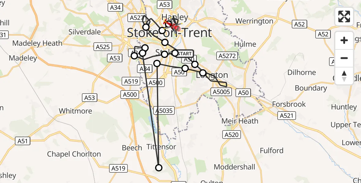 Flight route Air Ambulance Helicopter Fenton - Hanley, 15 September 2026, 12:28