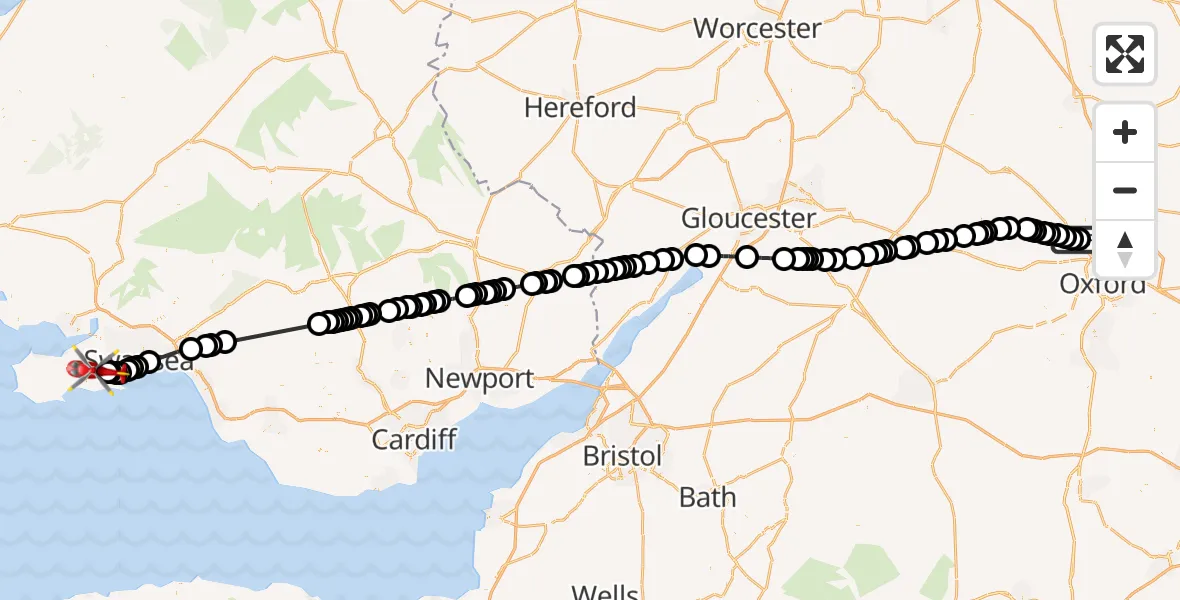 Flight route Air Ambulance Helicopter London Oxford Airport - Swansea Airport, 15 September 2026, 12:29
