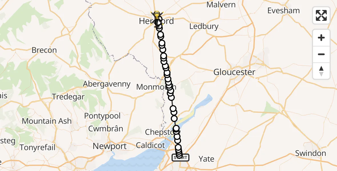 Flight route Police Helicopter Patchway - Hereford, 15 September 2026, 12:33