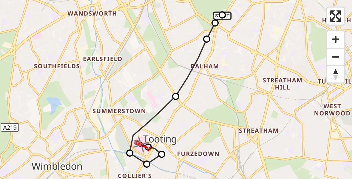 Flight route Air Ambulance Helicopter Clapham - St Georges Hospital, 15 September 2026, 12:45