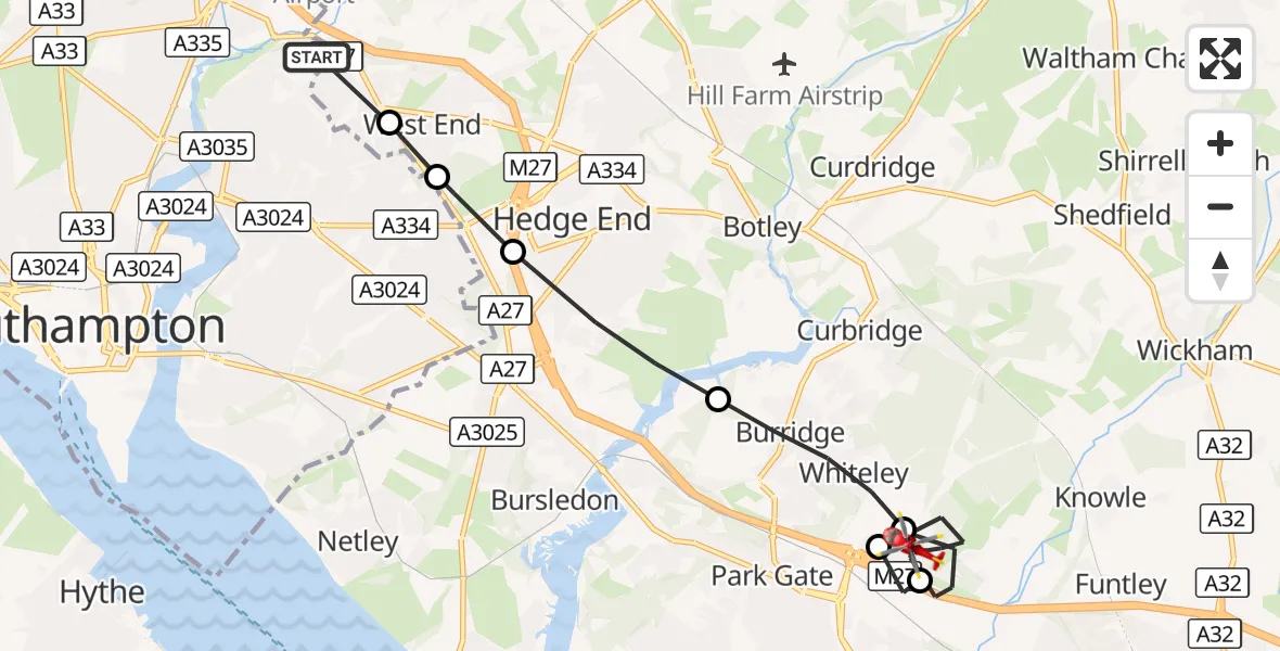 Flight route Air Ambulance Helicopter Townhill Park - Whiteley, 15 September 2026, 12:53