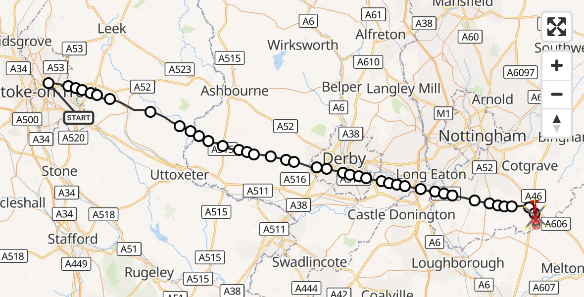 Flight route Air Ambulance Helicopter Longton - Hickling, 15 September 2026, 12:56