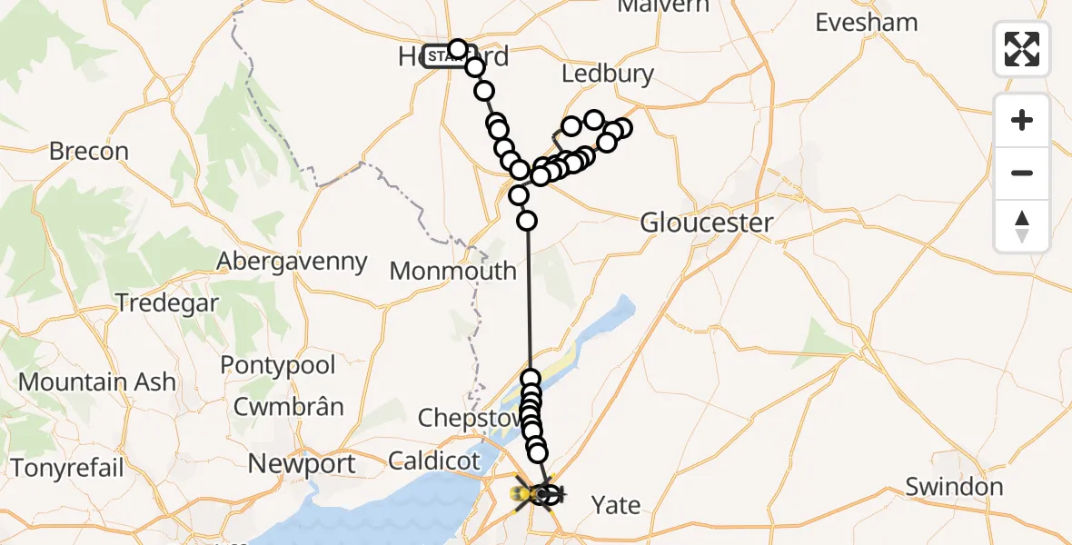 Flight route Police Helicopter Hereford - Almondsbury Helicopter Base, 15 September 2026, 13:00