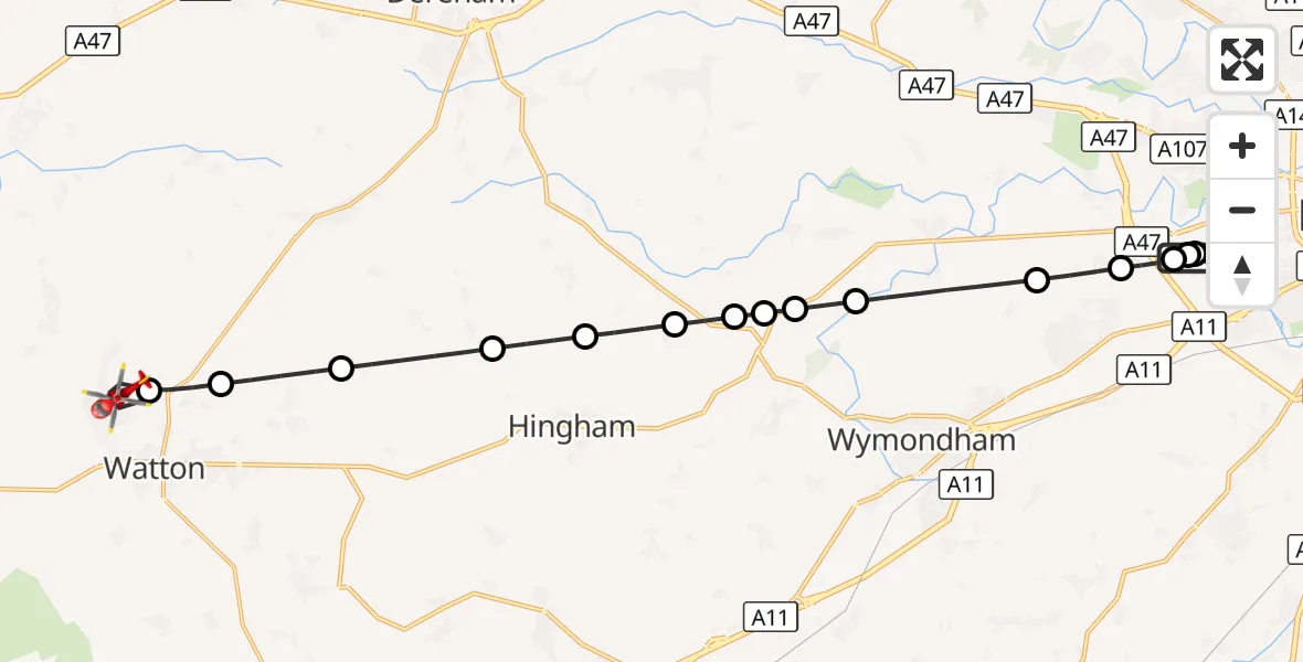 Flight route Air Ambulance Helicopter Norfolk & Norwich Hospital - Saham Toney, 15 September 2026, 13:29