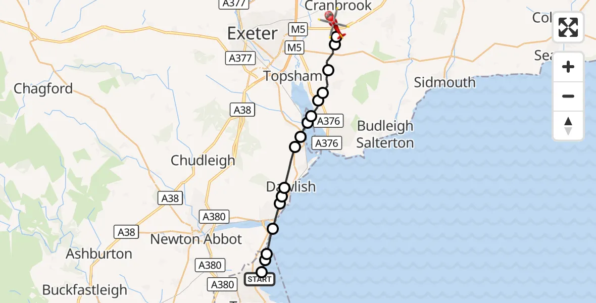 Flight route Air Ambulance Helicopter Torquay - Clyst Honiton, 15 September 2026, 13:35