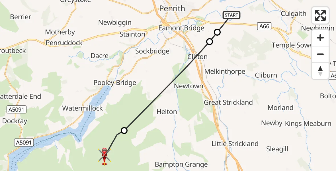 Flight route Air Ambulance Helicopter Brougham - Askham, 15 September 2026, 13:52