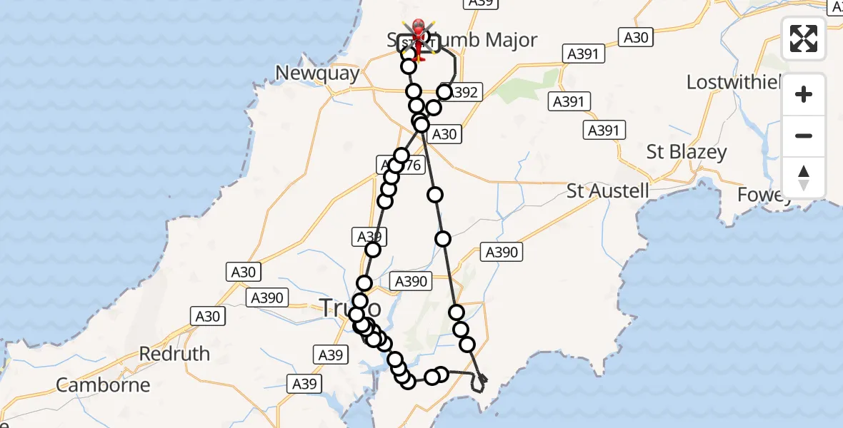 Flight route Air Ambulance Helicopter Cornwall Airport Newquay - Cornwall Airport Newquay, 15 September 2026, 13:56