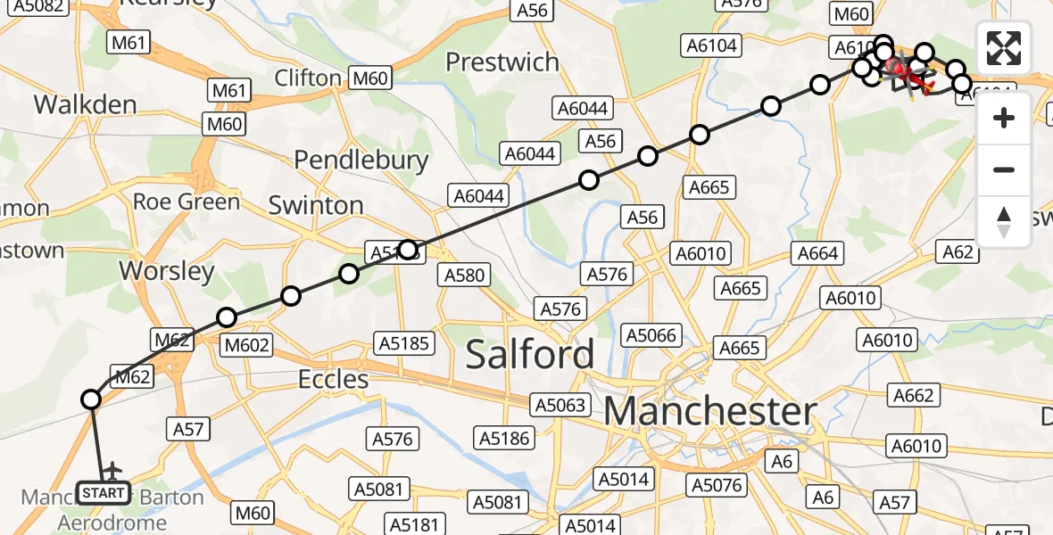 Flight route Air Ambulance Helicopter Manchester Barton Aerodrome - Charlestown, 15 September 2026, 14:06