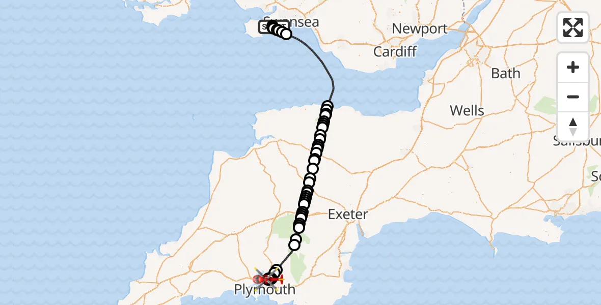 Flight route Air Ambulance Helicopter Swansea Airport - Derriford Hospital, 15 September 2026, 14:29