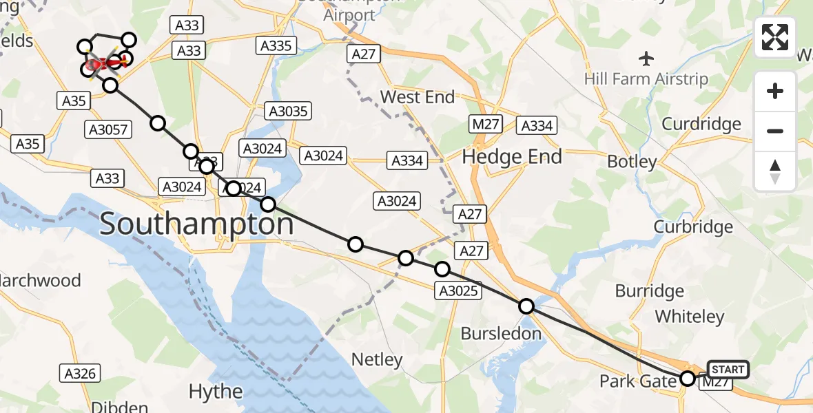 Flight route Air Ambulance Helicopter Whiteley - University Hospital Southampton, 15 September 2026, 14:34