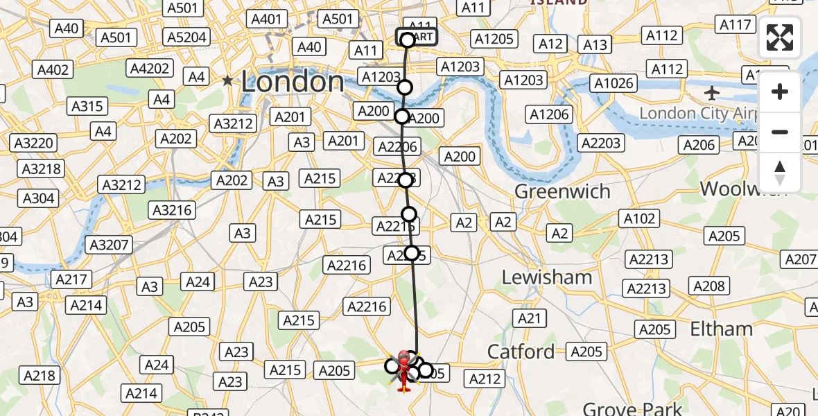 Flight route Air Ambulance Helicopter Royal London Hospital - Dulwich, 15 September 2026, 14:40