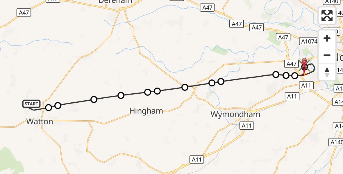 Flight route Air Ambulance Helicopter Saham Toney - Norfolk & Norwich Hospital, 15 September 2026, 14:44