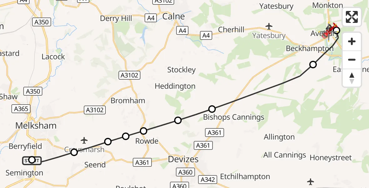 Flight route Air Ambulance Helicopter Wiltshire Air Ambulance - Avebury, 15 September 2026, 14:46