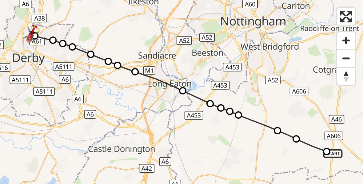 Flight route Air Ambulance Helicopter Nottingham Heliport - Darley Abbey, 15 September 2026, 14:58