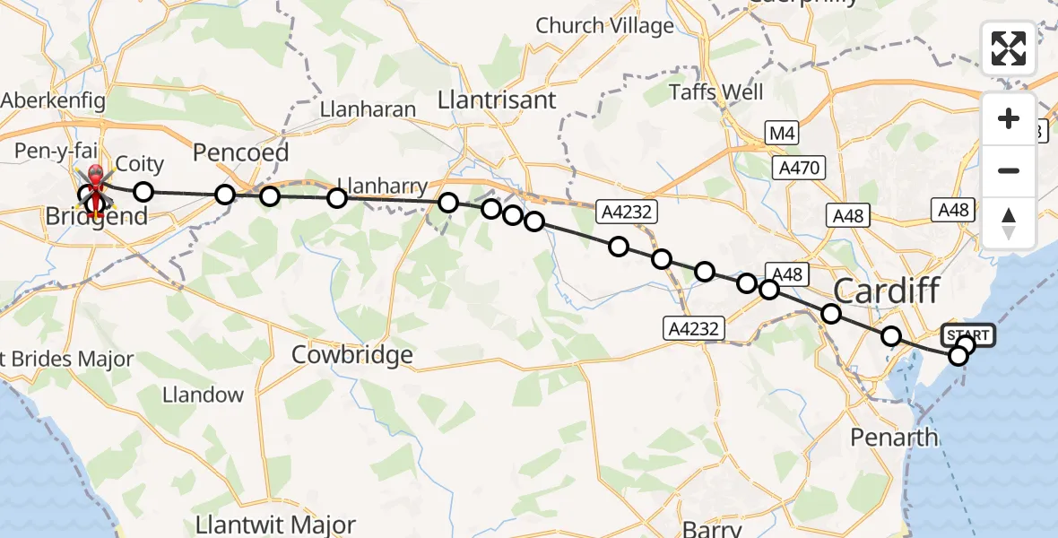 Flight route Air Ambulance Helicopter Cardiff Heliport - Bridgend, 15 September 2026, 15:06
