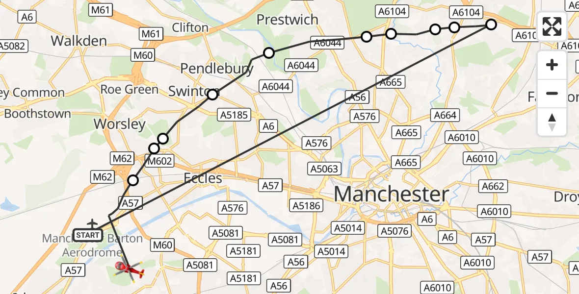 Flight route Air Ambulance Helicopter Manchester Barton Aerodrome - Flixton, 15 September 2026, 15:09