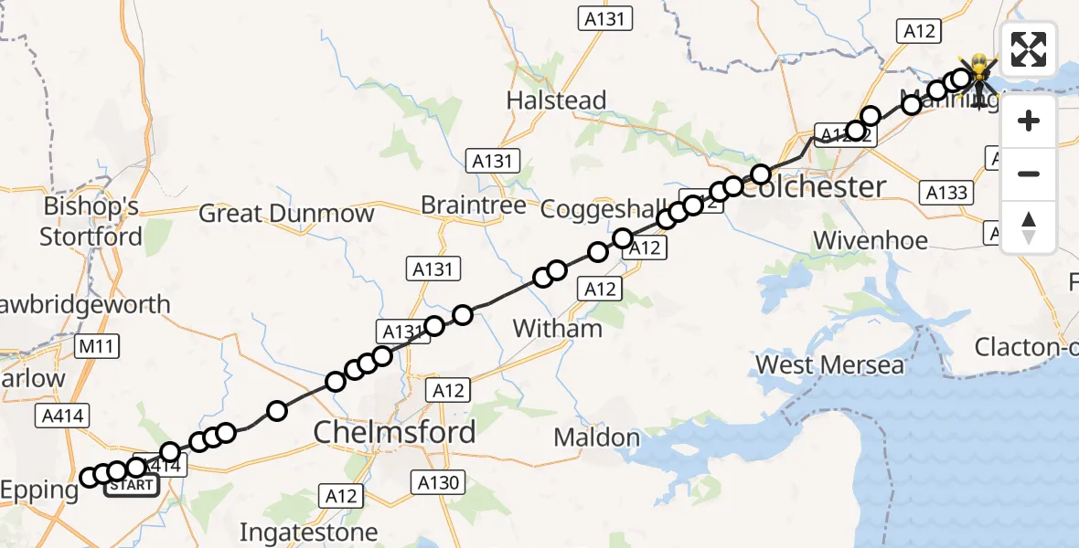 Flight route Police Helicopter Toot Hill - Brantham, 15 September 2026, 15:18