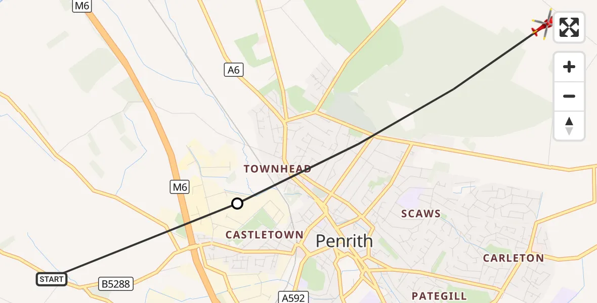 Flight route Air Ambulance Helicopter Newbiggin - Penrith, 15 September 2026, 15:19