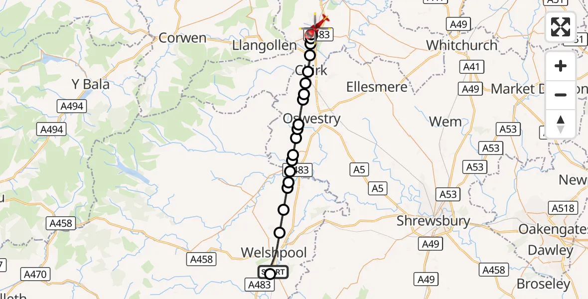 Flight route Air Ambulance Helicopter Welshpool Airport - Ruabon, 15 September 2026, 15:23