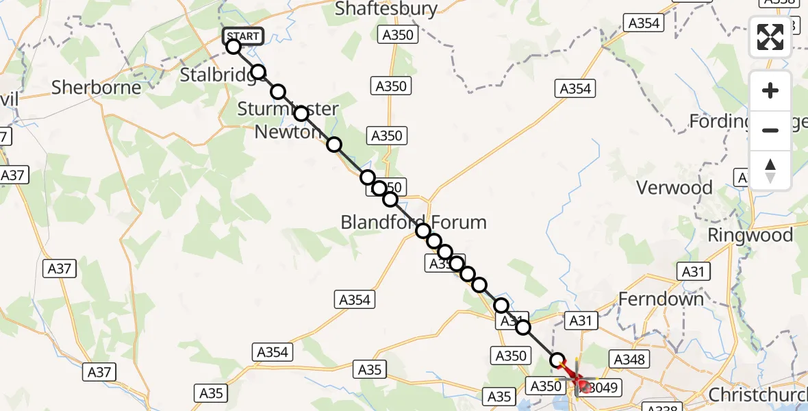 Flight route Air Ambulance Helicopter Henstridge Airfield - Poole, 15 September 2026, 15:27