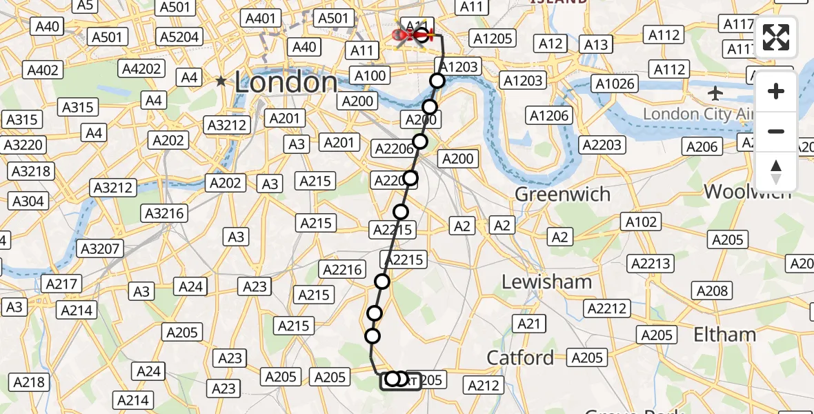 Flight route Air Ambulance Helicopter Forest Hill - Royal London Hospital, 15 September 2026, 15:28