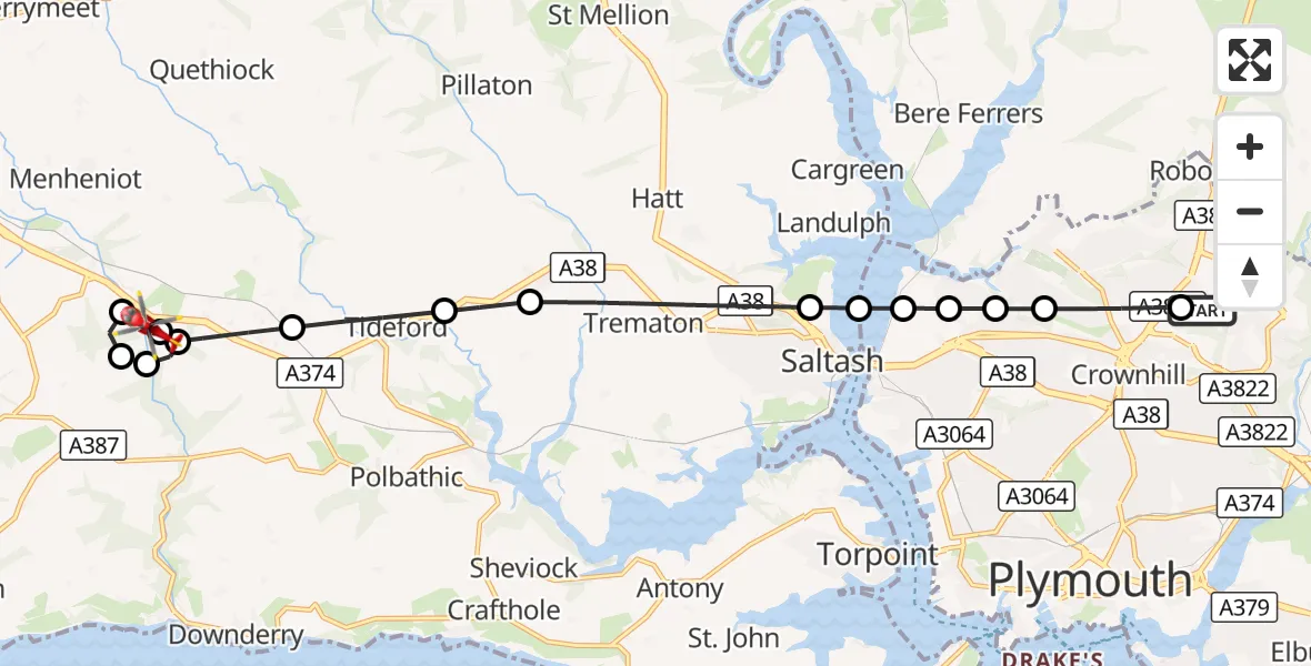 Flight route Air Ambulance Helicopter Derriford Hospital - St. Germans, 15 September 2026, 15:28