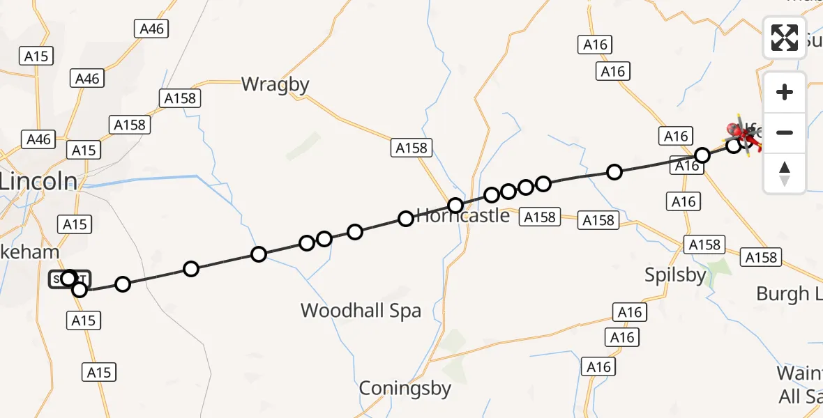 Flight route Air Ambulance Helicopter RAF Waddington - Alford, 15 September 2026, 15:29