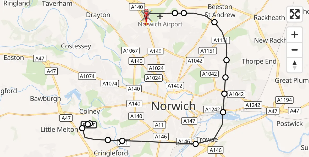Flight route Air Ambulance Helicopter Norfolk & Norwich Hospital - Norwich Airport, 15 September 2026, 15:33