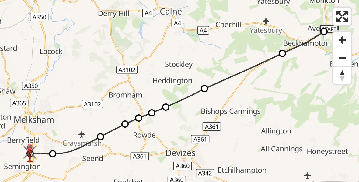 Flight route Air Ambulance Helicopter Avebury - Wiltshire Air Ambulance, 15 September 2026, 15:37