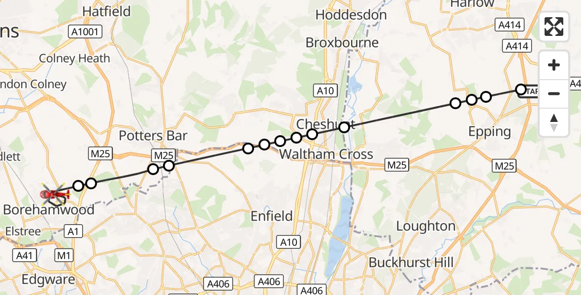 Flight route Air Ambulance Helicopter North Weald Airfield - Borehamwood, 15 September 2026, 15:40