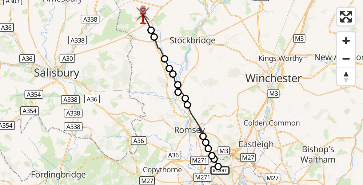 Flight route Air Ambulance Helicopter University Hospital Southampton - Over Wallop, 15 September 2026, 15:45