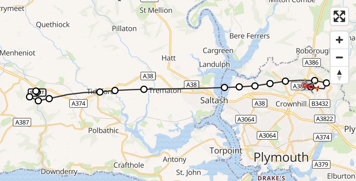 Flight route Air Ambulance Helicopter Liskeard Heliport - Derriford Hospital, 15 September 2026, 15:56