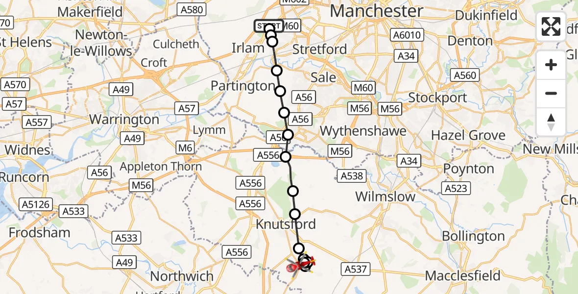 Flight route Air Ambulance Helicopter Manchester Barton Aerodrome - Over Peover, 15 September 2026, 15:57