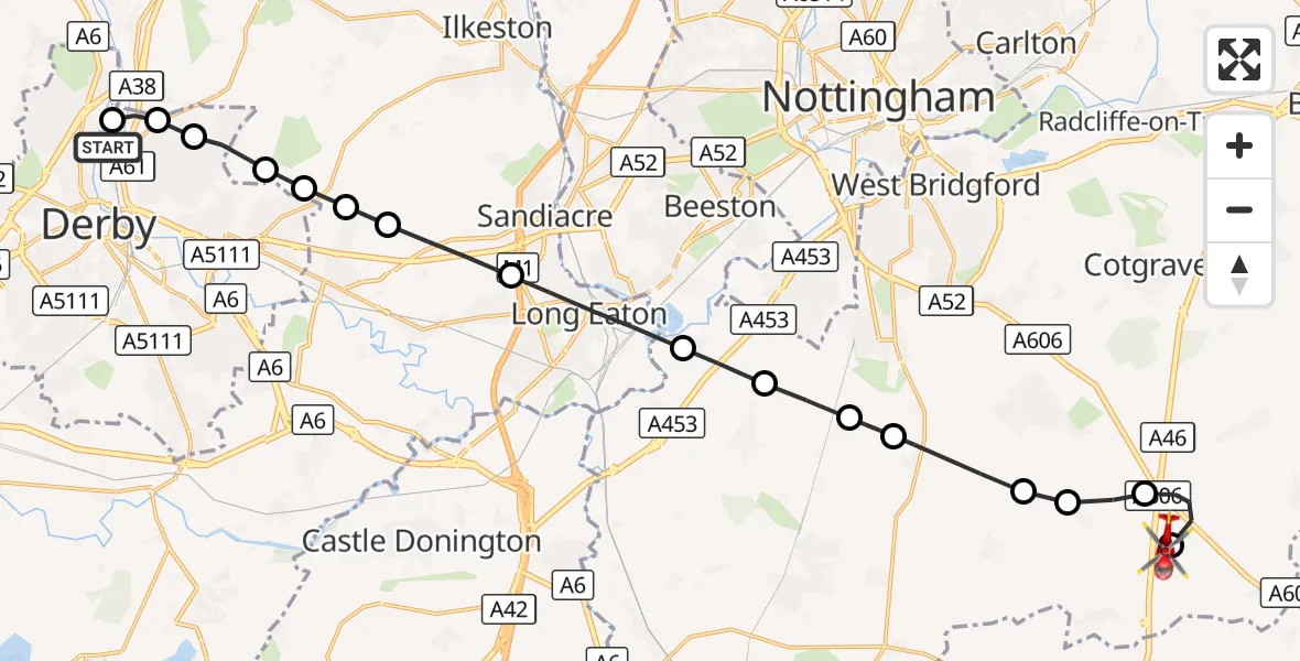 Flight route Air Ambulance Helicopter Darley Abbey - Nottingham Heliport, 15 September 2026, 16:00