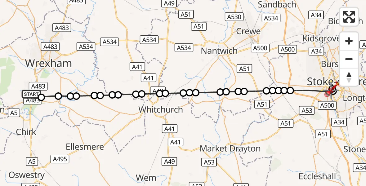 Flight route Air Ambulance Helicopter Ruabon - University Hospital North Staffs, 15 September 2026, 16:18
