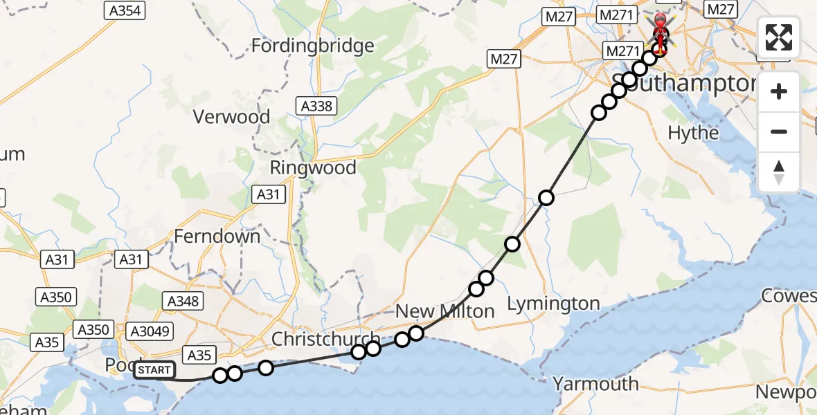 Flight route Air Ambulance Helicopter Poole - University Hospital Southampton, 15 September 2026, 16:27