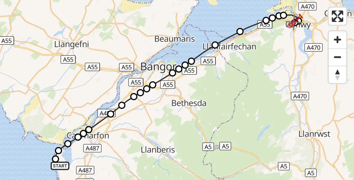 Flight route Air Ambulance Helicopter Caernarfon Airport - Conwy, 15 September 2026, 16:34