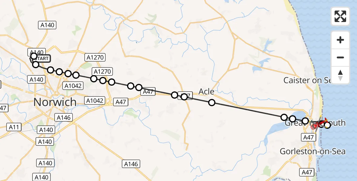 Flight route Air Ambulance Helicopter Norwich Airport - Great Yarmouth, 15 September 2026, 16:37