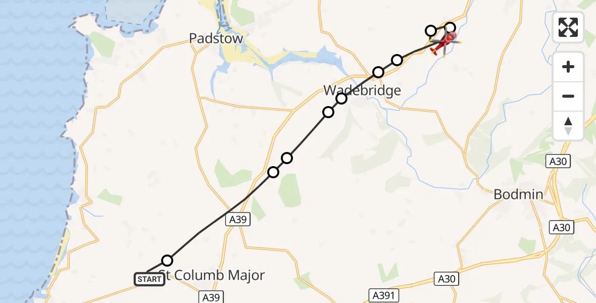 Flight route Air Ambulance Helicopter Cornwall Airport Newquay - St Kew Highway, 15 September 2026, 16:41