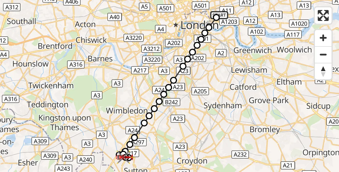 Flight route Air Ambulance Helicopter Royal London Hospital - Rosehill, 15 September 2026, 16:50