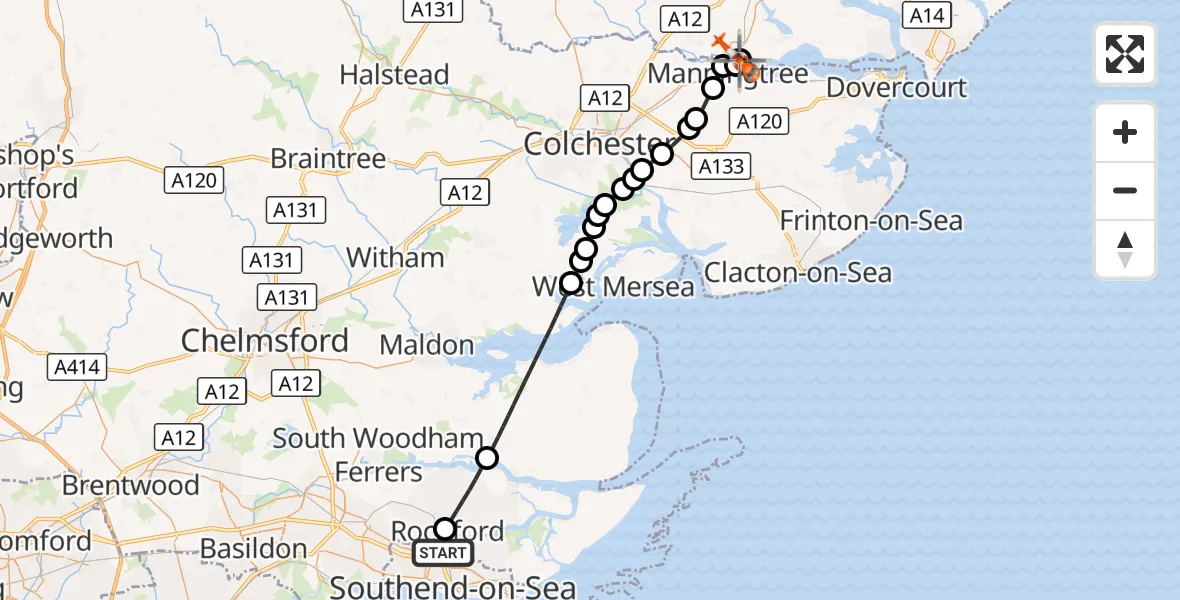 Flight route Coastguard Helicopter London Southend Airport - Brantham, 15 September 2026, 16:50