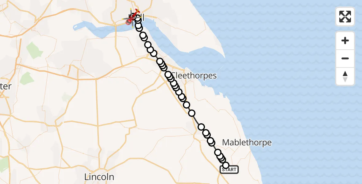 Flight route Air Ambulance Helicopter Alford - Hull Royal Infirmary, 15 September 2026, 16:54