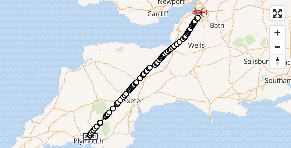 Flight route Air Ambulance Helicopter Derriford Hospital - Bristol, 15 September 2026, 16:58