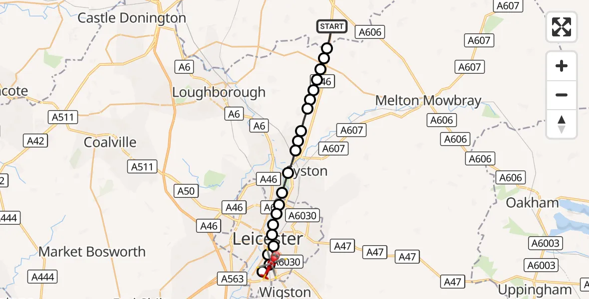 Flight route Air Ambulance Helicopter Rushcliffe - Knighton Fields, 15 September 2026, 17:02