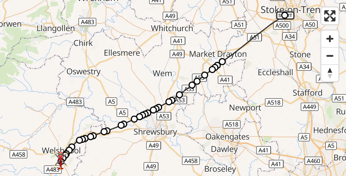 Flight route Air Ambulance Helicopter University Hospital North Staffs - Welshpool Airport, 15 September 2026, 17:05