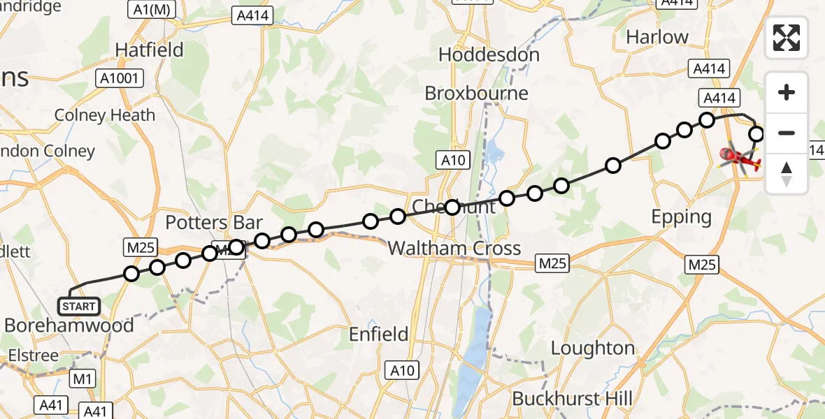 Flight route Air Ambulance Helicopter Borehamwood - North Weald Airfield, 15 September 2026, 17:09