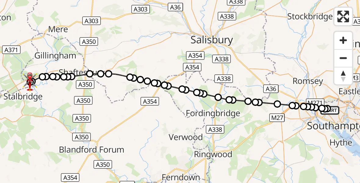 Flight route Air Ambulance Helicopter University Hospital Southampton - Henstridge Airfield, 15 September 2026, 17:12