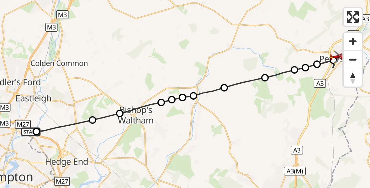Flight route Air Ambulance Helicopter Southampton Airport - Petersfield, 15 September 2026, 17:16