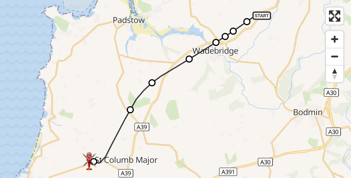 Flight route Air Ambulance Helicopter Bodieve - Cornwall Airport Newquay, 15 September 2026, 17:16
