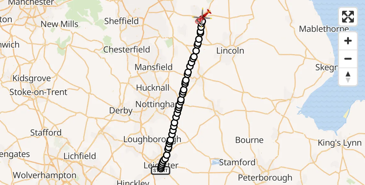 Flight route Air Ambulance Helicopter Aylestone Park - Gainsborough CP, 15 September 2026, 17:18
